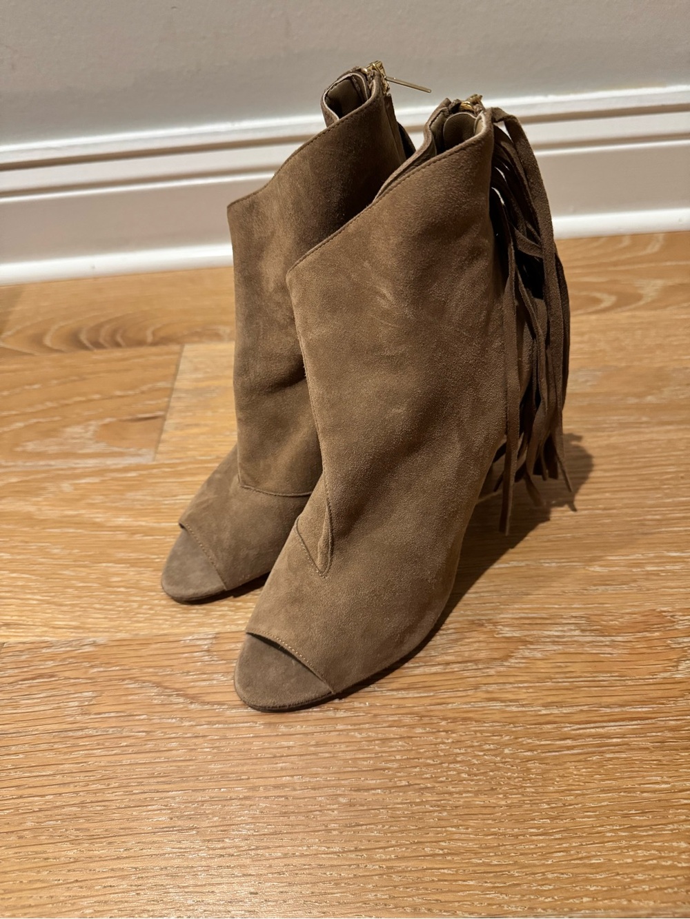 Burberry Suede Fringe Peep-Toe Ankle Boots - Taupe